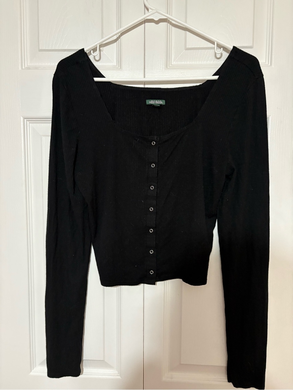 Black Ribbed Button-Front Long Sleeve Top